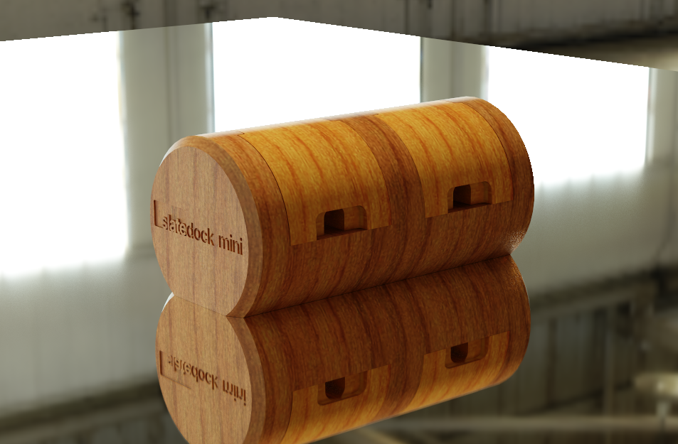 Computer render showing a wooden Slatedock Mini.